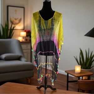 💖 Silk Tie-Dye Cover-Up with Bead & Tassel Trim 💖